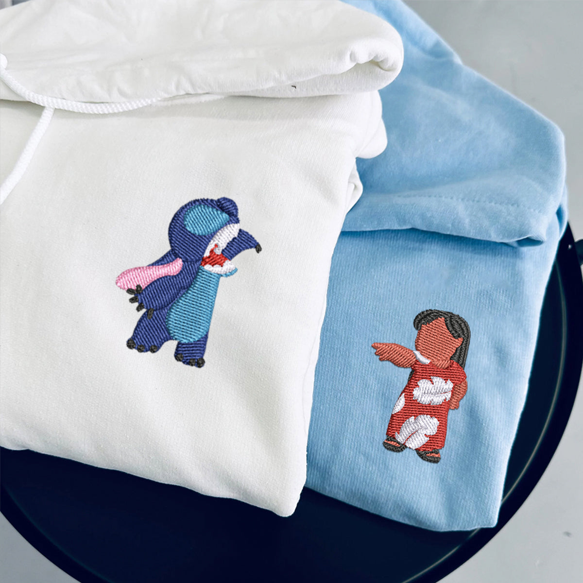 Custom Couple Embroidered Hoodie with Roman Numeral Date, Cute Alien Duo, Anniversary Matching Outfit