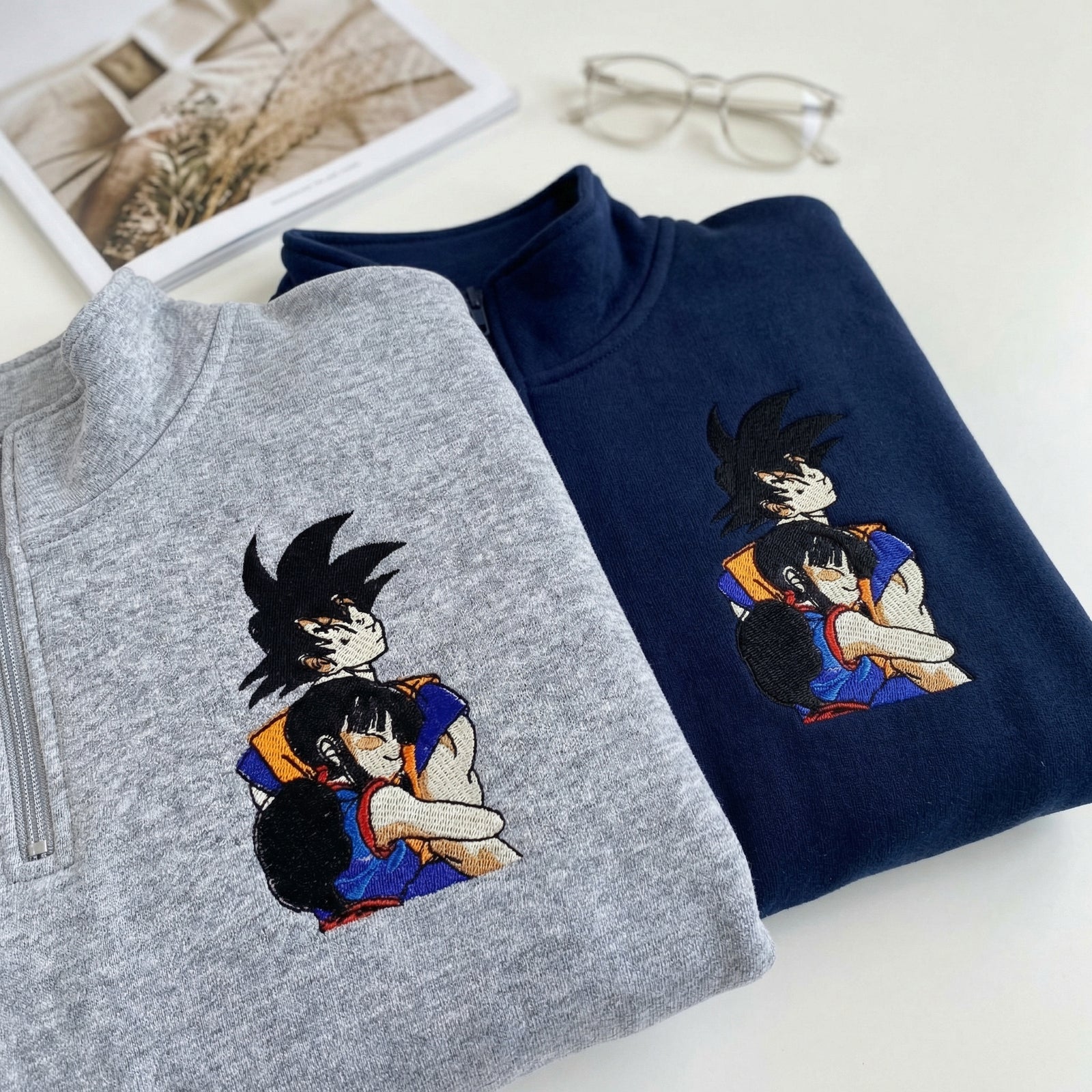 Custom Couple Embroidered Quarter Zip Sweatshirt - Cozy Cartoon Hug Lovers Matching Hoodie