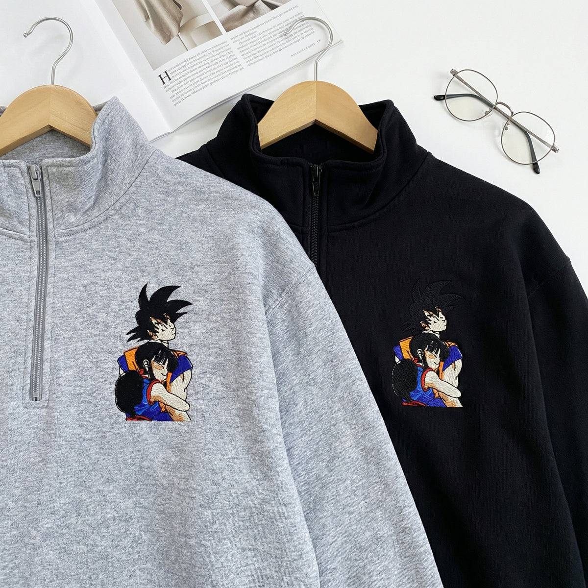 Custom Couple Embroidered Quarter Zip Sweatshirt - Cozy Cartoon Hug Lovers Matching Hoodie