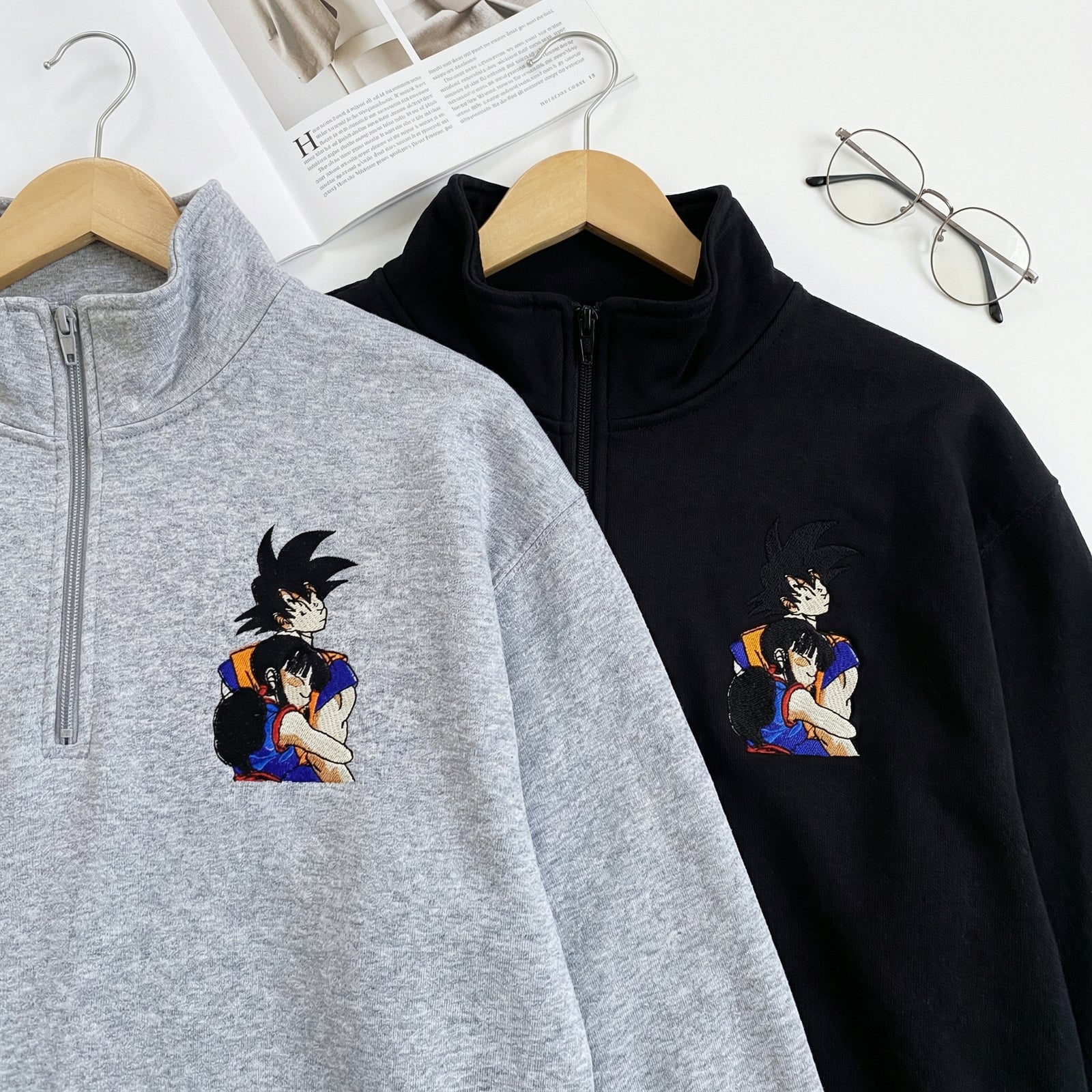 Custom Couple Embroidered Quarter Zip Sweatshirt - Cozy Cartoon Hug Lovers Matching Hoodie