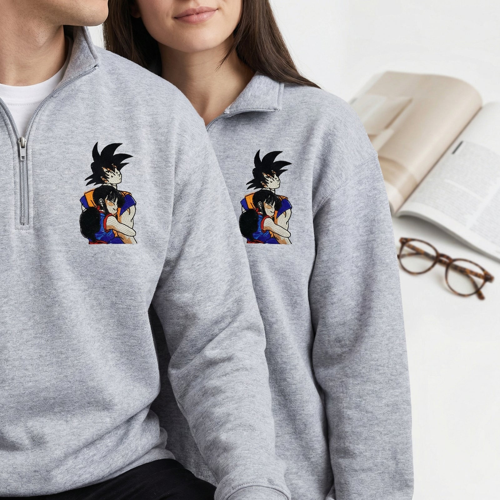 Custom Couple Embroidered Quarter Zip Sweatshirt - Cozy Cartoon Hug Lovers Matching Hoodie
