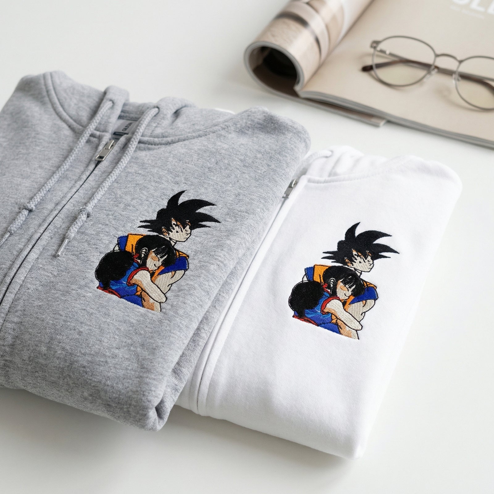 Custom Couple Embroidered Quarter Zip Sweatshirt - Cozy Cartoon Hug Lovers Matching Hoodie