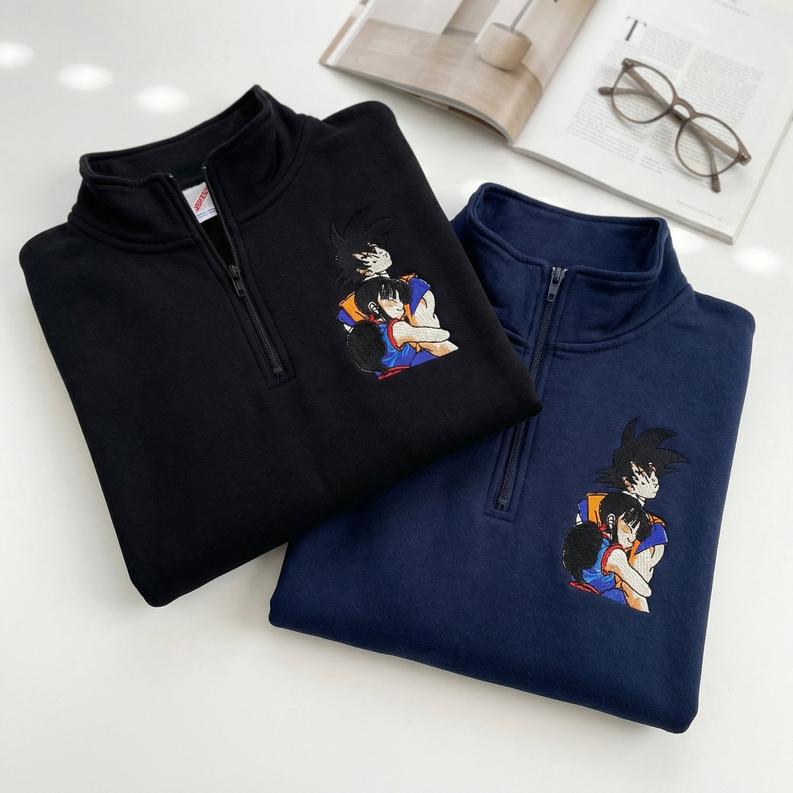 Custom Couple Embroidered Quarter Zip Sweatshirt - Cozy Cartoon Hug Lovers Matching Hoodie