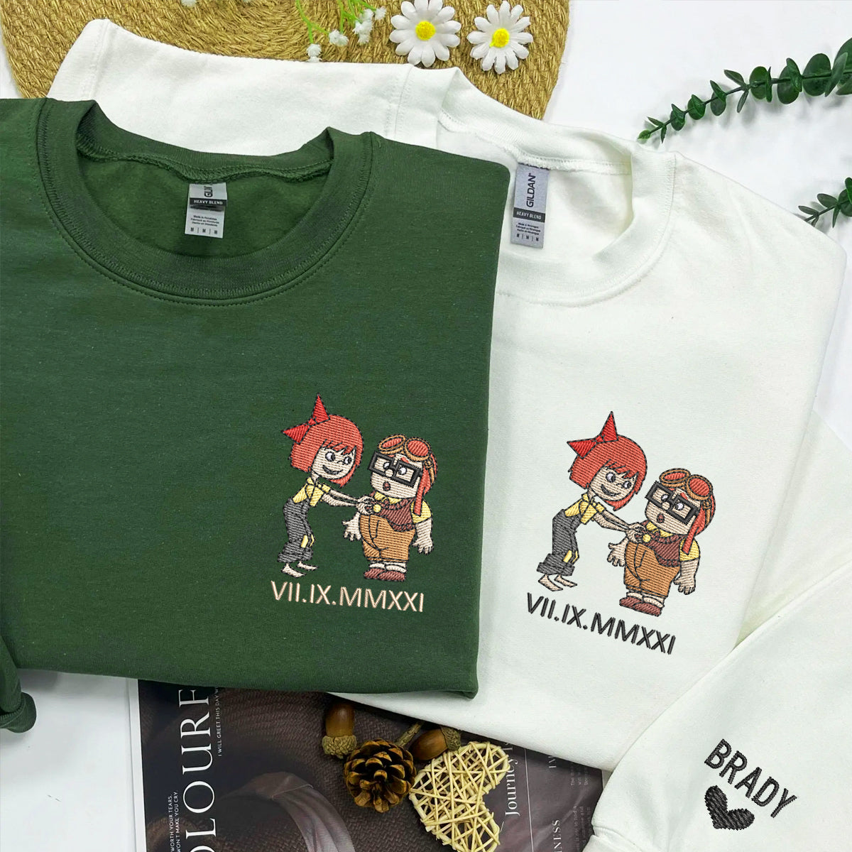 Custom Couple Embroidered Sweatshirt with Roman Numeral Date, Romantic Old Couple Cartoon Matching Sweatshirt