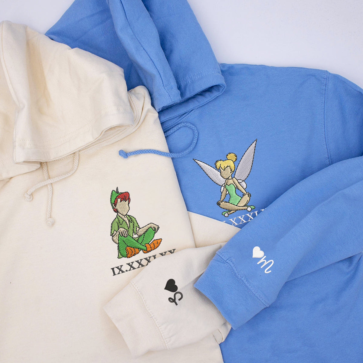 Custom Couple Hoodie, Fairy Tale Inspired Embroidery with Roman Numeral Anniversary Date