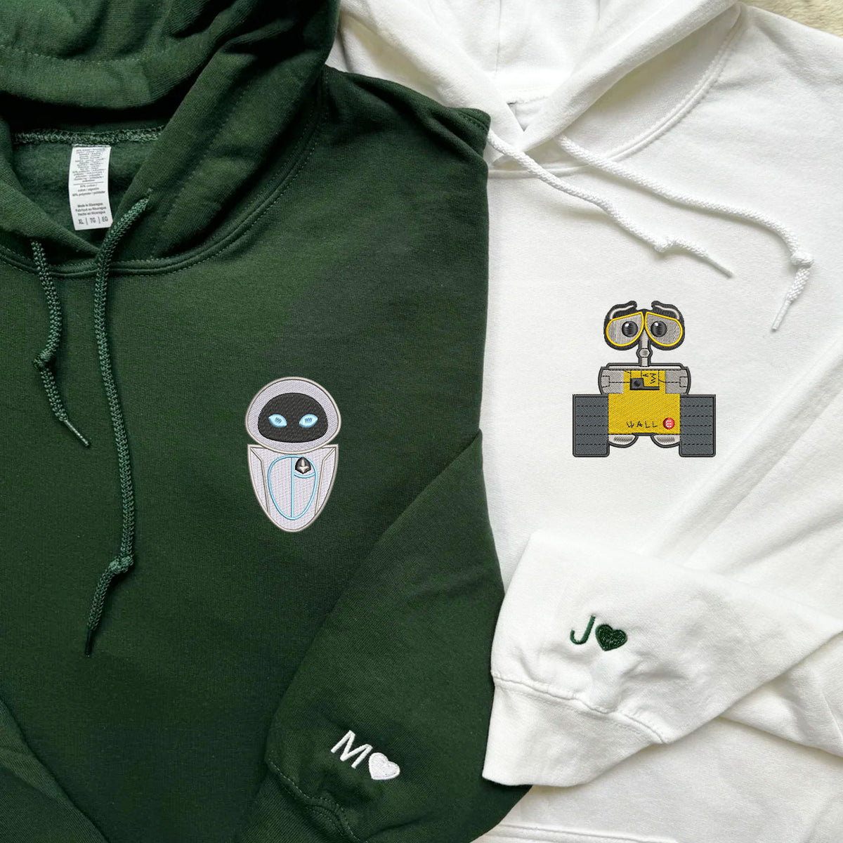 Custom Couple Hoodies, His and Her Matching Robot Lovers Embroidered Sweatshirts
