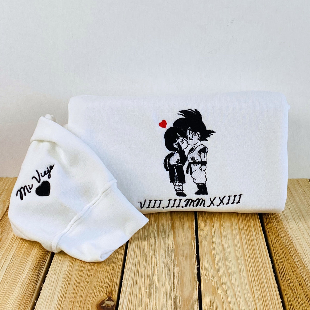 Custom Couple Hoodies, Sweet Cartoon Lovers Embroidered Hoodie with Roman Numeral Date