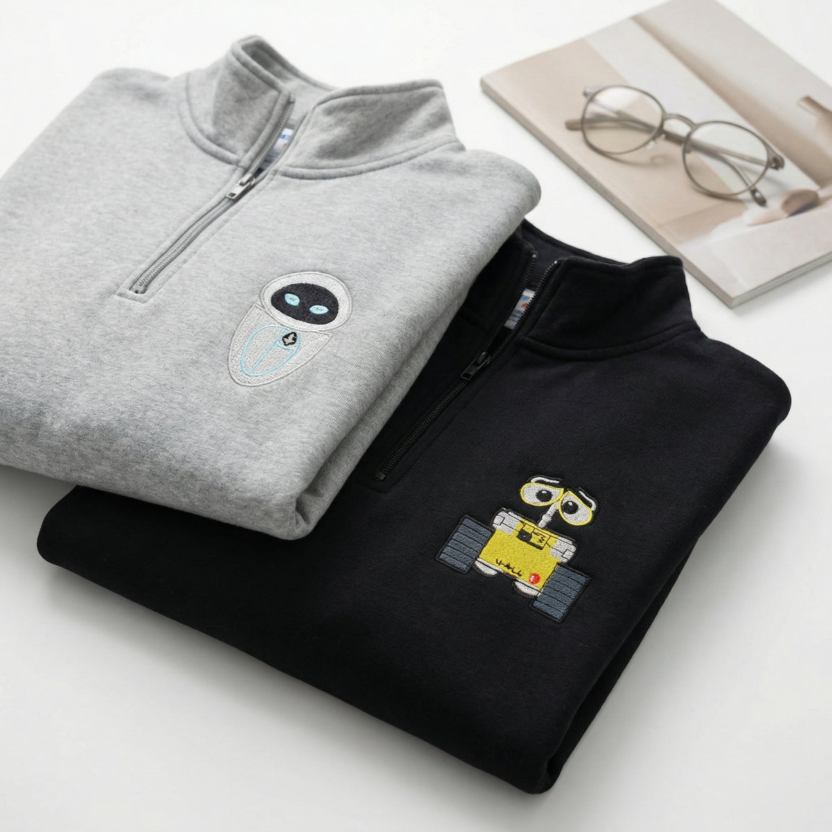 Custom Couple Quarter Zip Sweatshirt - His and Her Robot Lovers Matching Full-Zip Hoodie