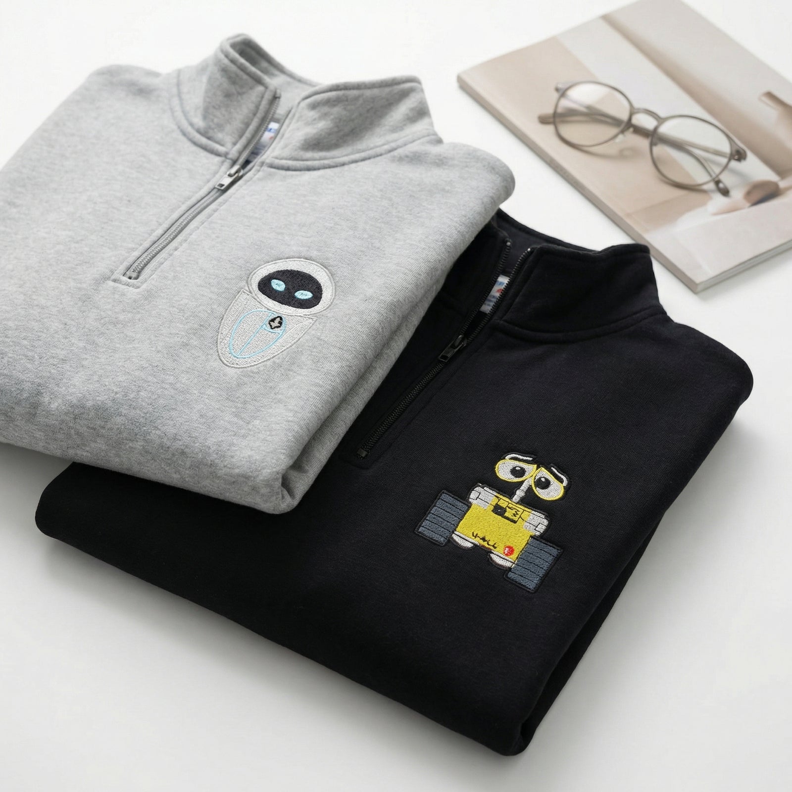 Custom Couple Quarter Zip Sweatshirt - His and Her Robot Lovers Matching Full-Zip Hoodie