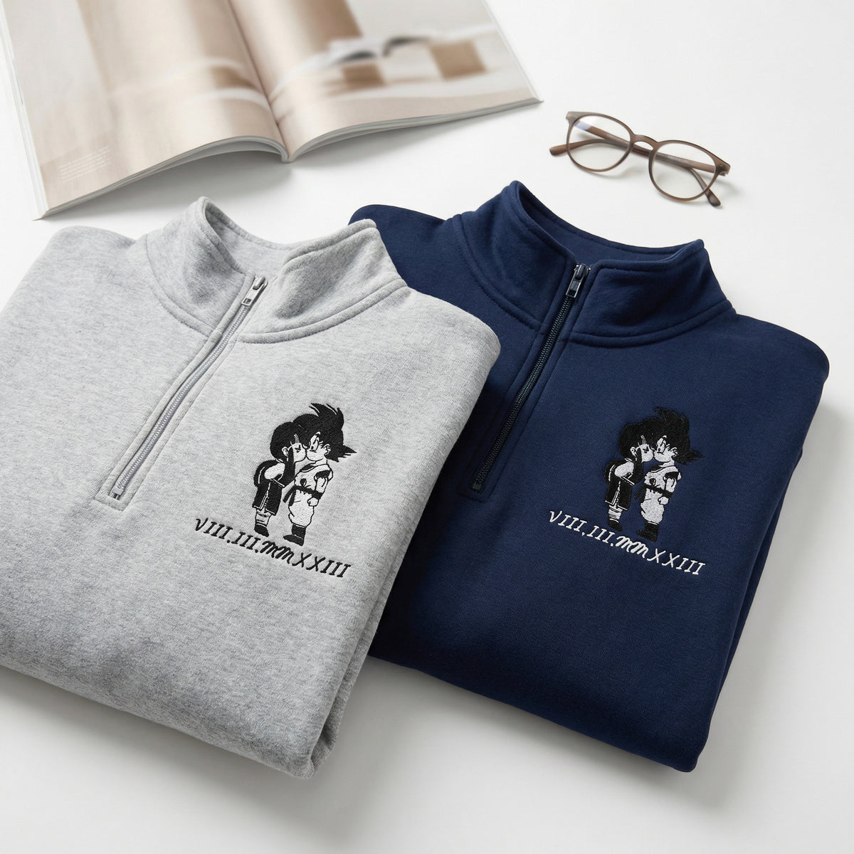 Custom Couple Quarter Zip Sweatshirts - Sweet Cartoon Lovers Roman Numeral Matching Full-Zip Hoodie