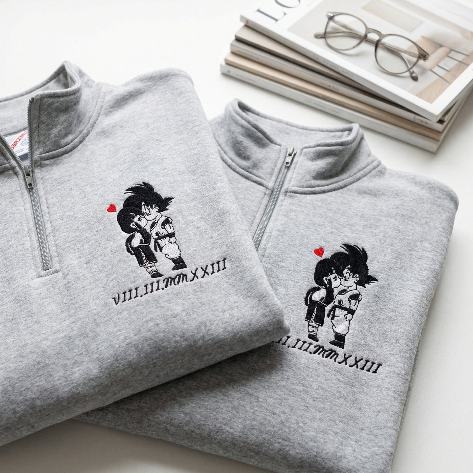 Custom Couple Quarter Zip Sweatshirts - Sweet Cartoon Lovers Roman Numeral Matching Full-Zip Hoodie