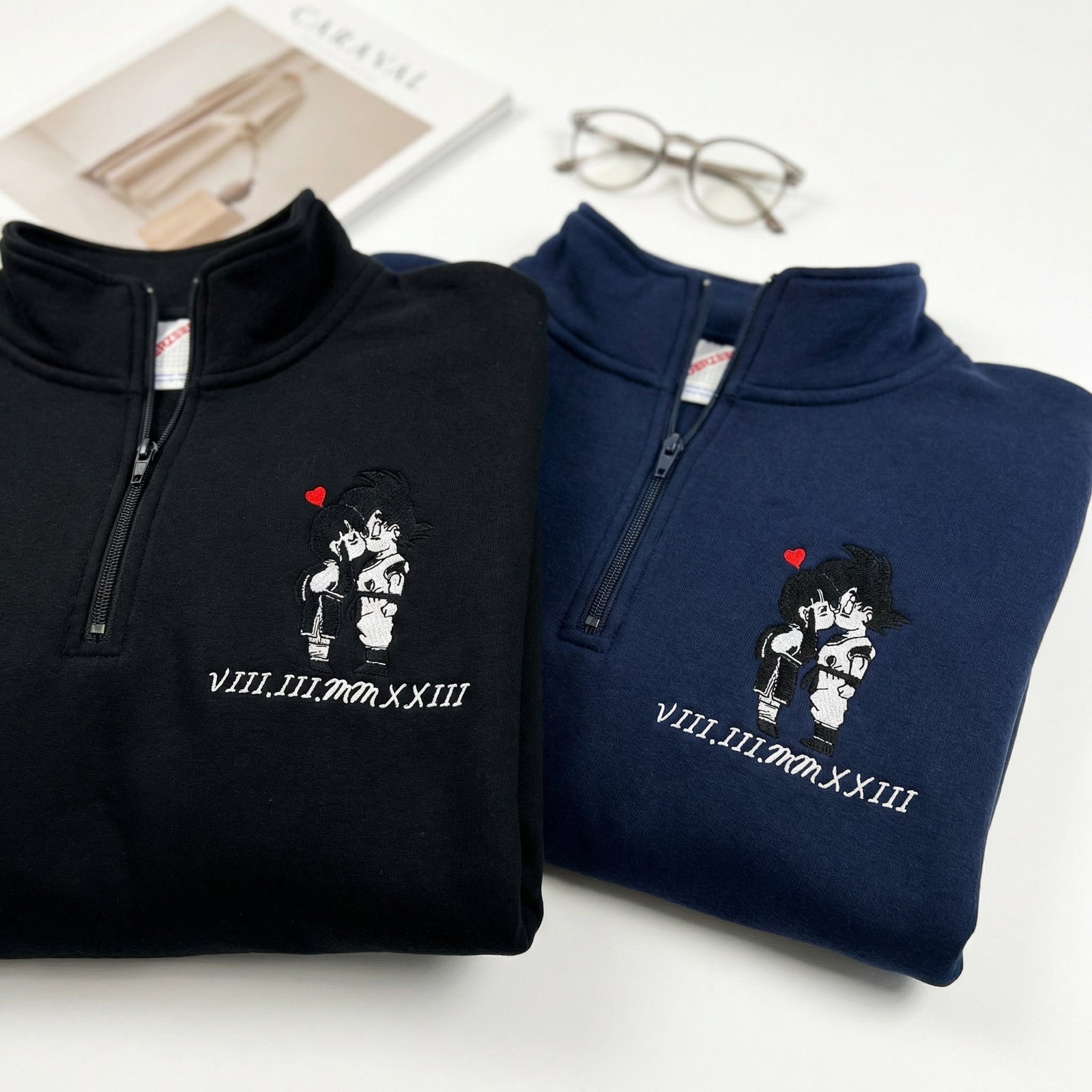 Custom Couple Quarter Zip Sweatshirts - Sweet Cartoon Lovers Roman Numeral Matching Full-Zip Hoodie