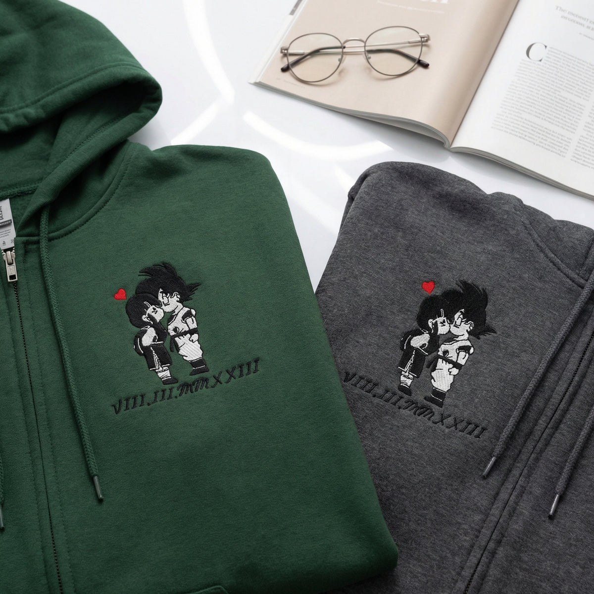 Custom Couple Quarter Zip Sweatshirts - Sweet Cartoon Lovers Roman Numeral Matching Full-Zip Hoodie
