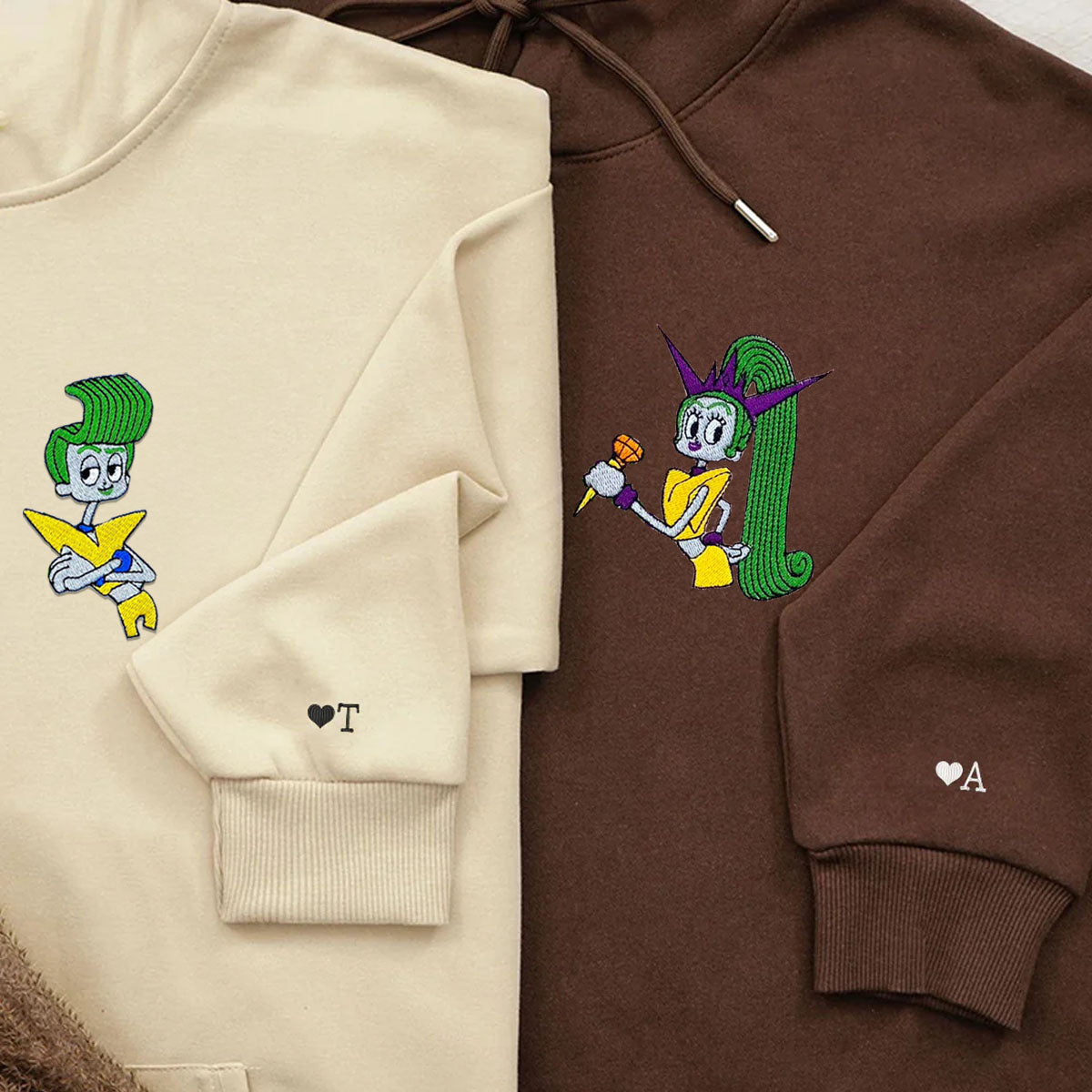 Custom Couples Hoodie, Cute Funky Cartoon Character Embroidery