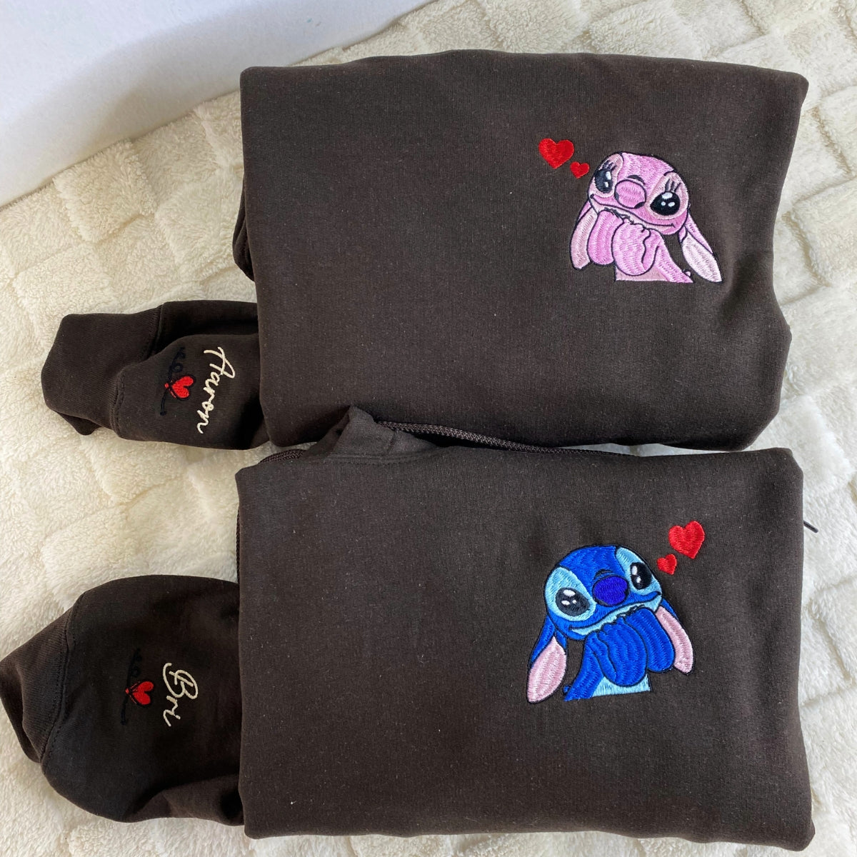 Custom Matching Couple Sweatshirts, Cute Cartoon Lovers Embroidered Crewneck