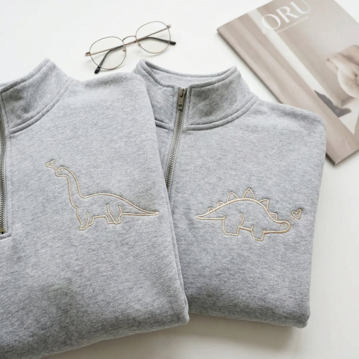 Custom Dinosaurs Embroidered Matching Couple Quarter Zip Sweatshirt & Full-Zip Hoodie