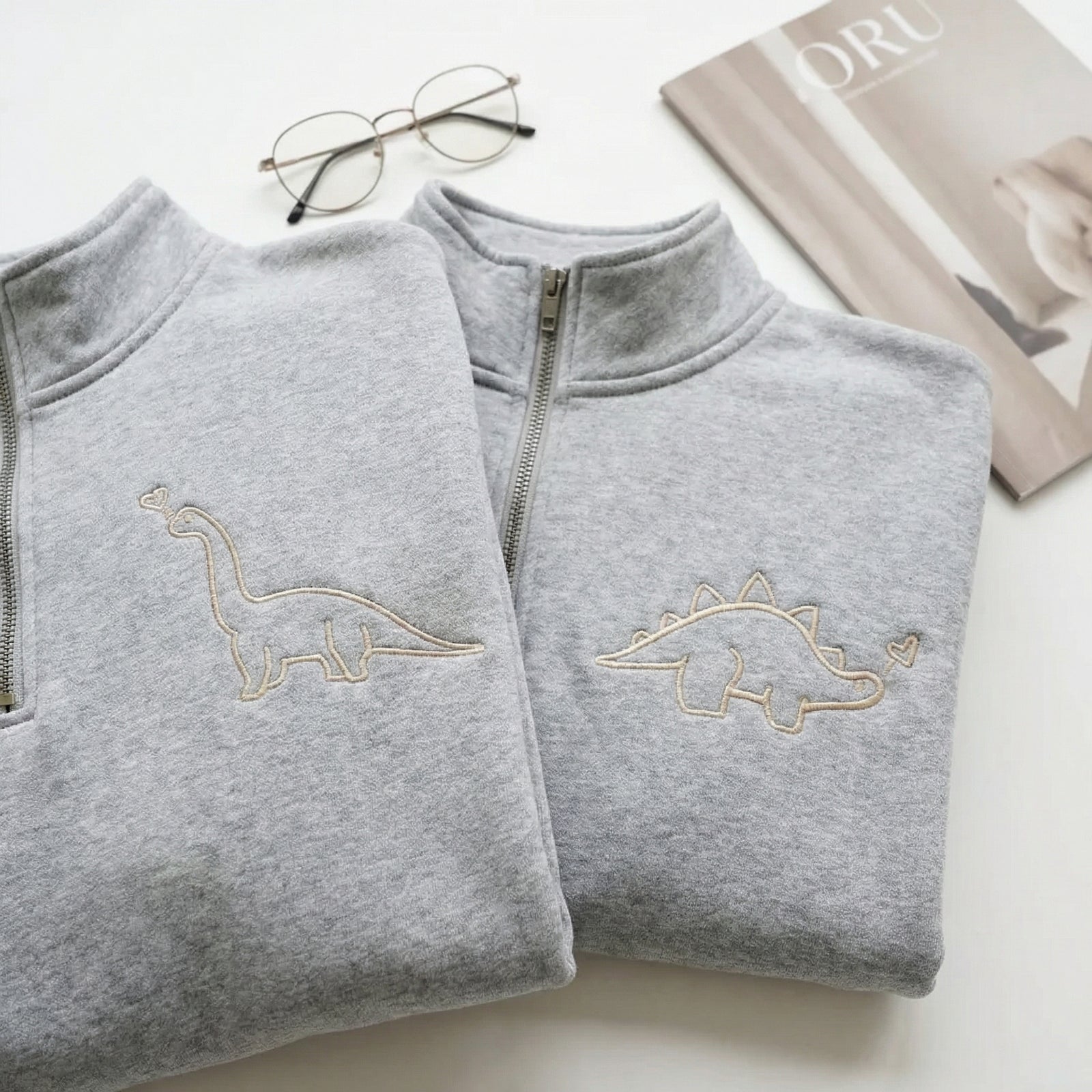 Custom Dinosaurs Embroidered Matching Couple Quarter Zip Sweatshirt & Full-Zip Hoodie