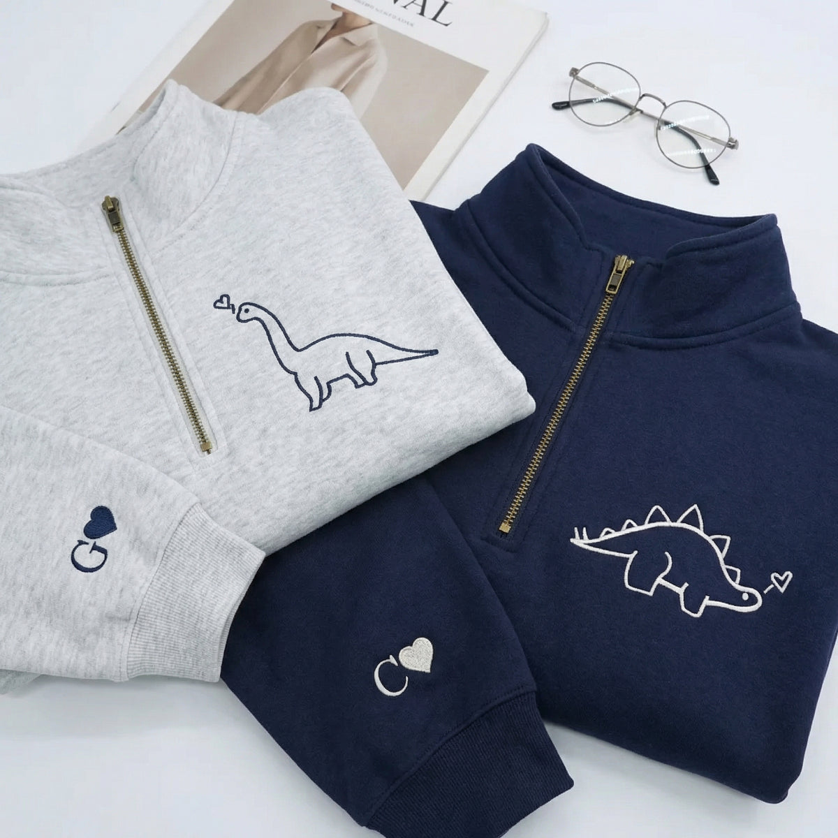 Custom Dinosaurs Embroidered Matching Couple Quarter Zip Sweatshirt &amp; Full-Zip Hoodie