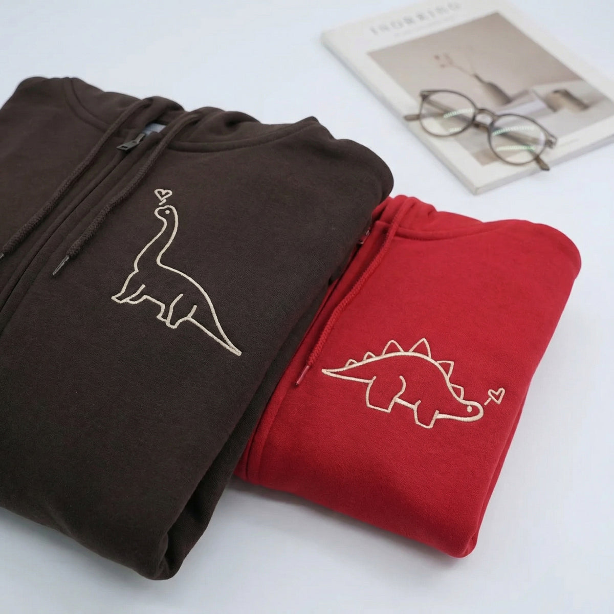Custom Dinosaurs Embroidered Matching Couple Quarter Zip Sweatshirt & Full-Zip Hoodie