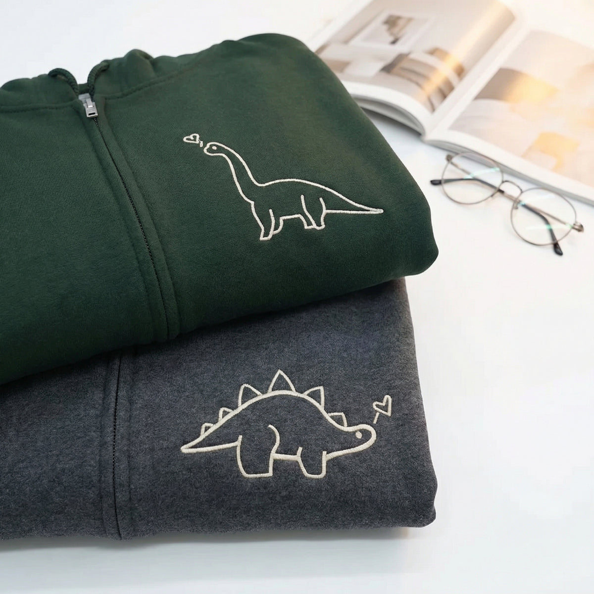 Custom Dinosaurs Embroidered Matching Couple Quarter Zip Sweatshirt & Full-Zip Hoodie