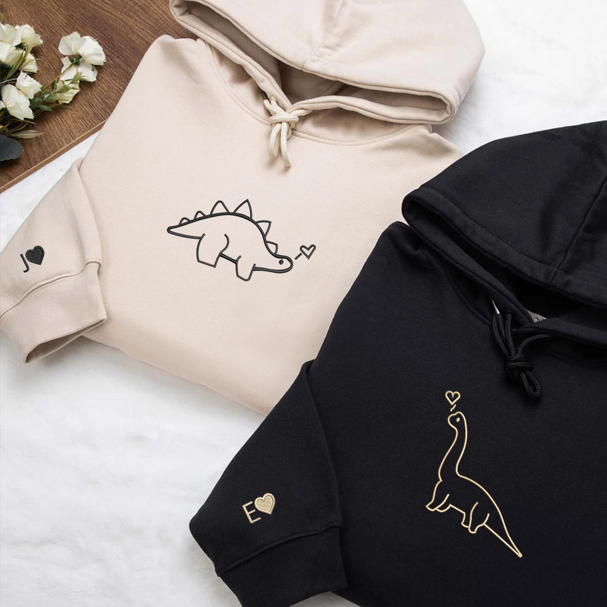Custom Dinosaurs Embroidered Matching Set Couple Sweatshirt Hoodies