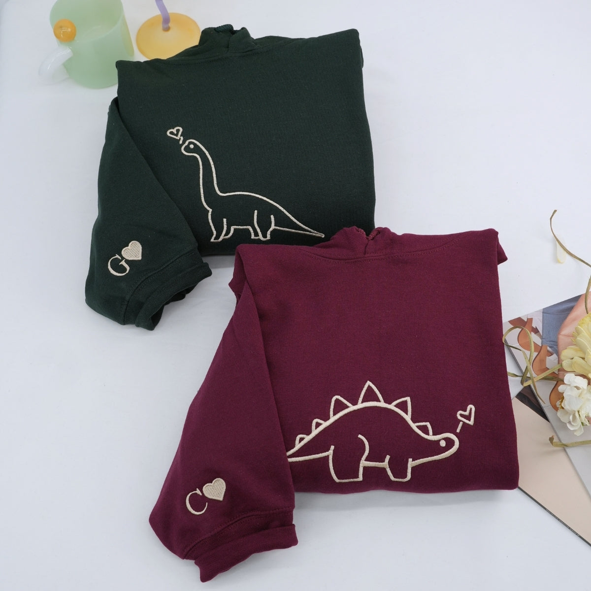 Custom Dinosaurs Embroidered Matching Set Couple Sweatshirt Hoodies