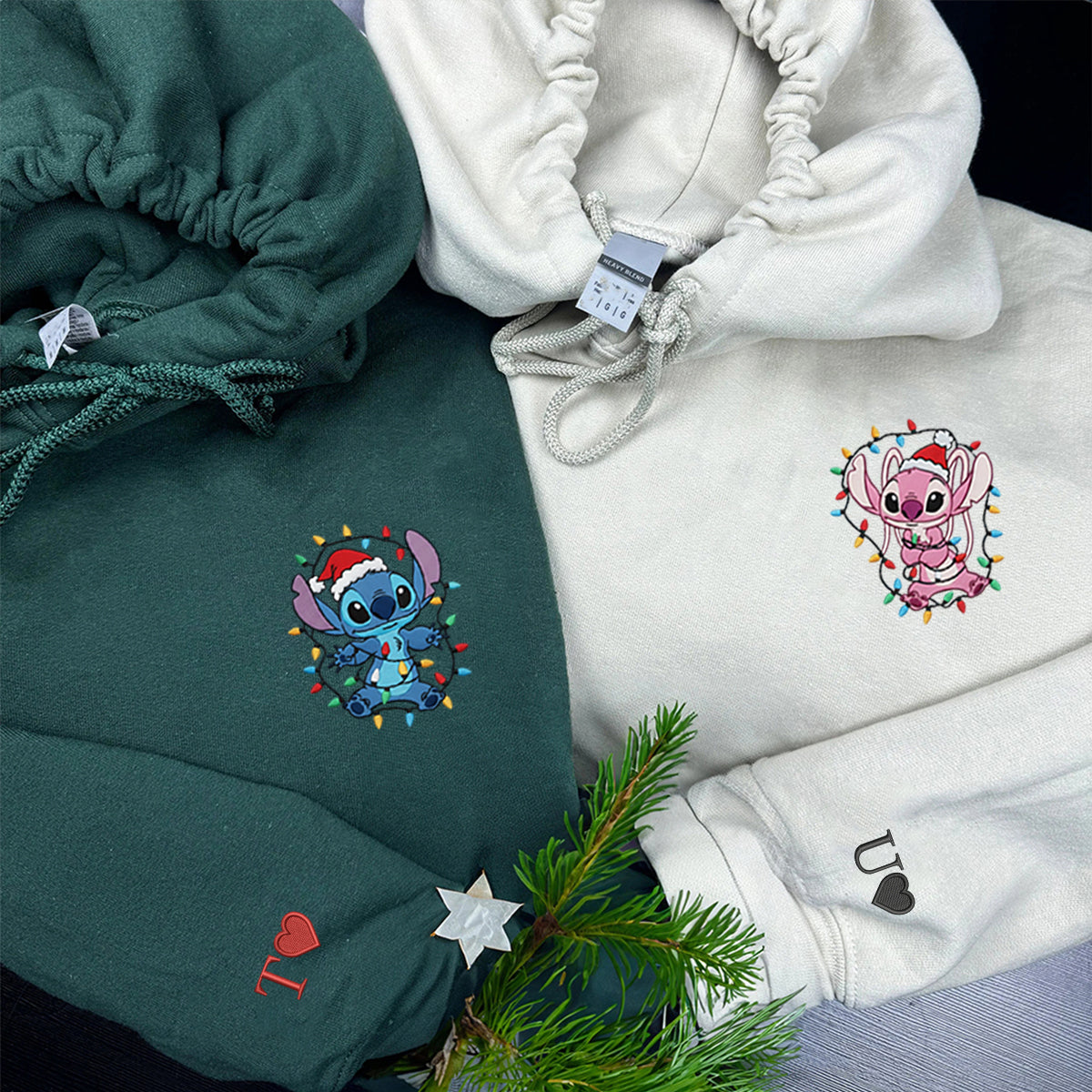 Custom Embroidered Adorable Alien Cartoon Duo Christmas Hoodie with Lights, Cozy Holiday Style Sweatshirt Matching for Couples