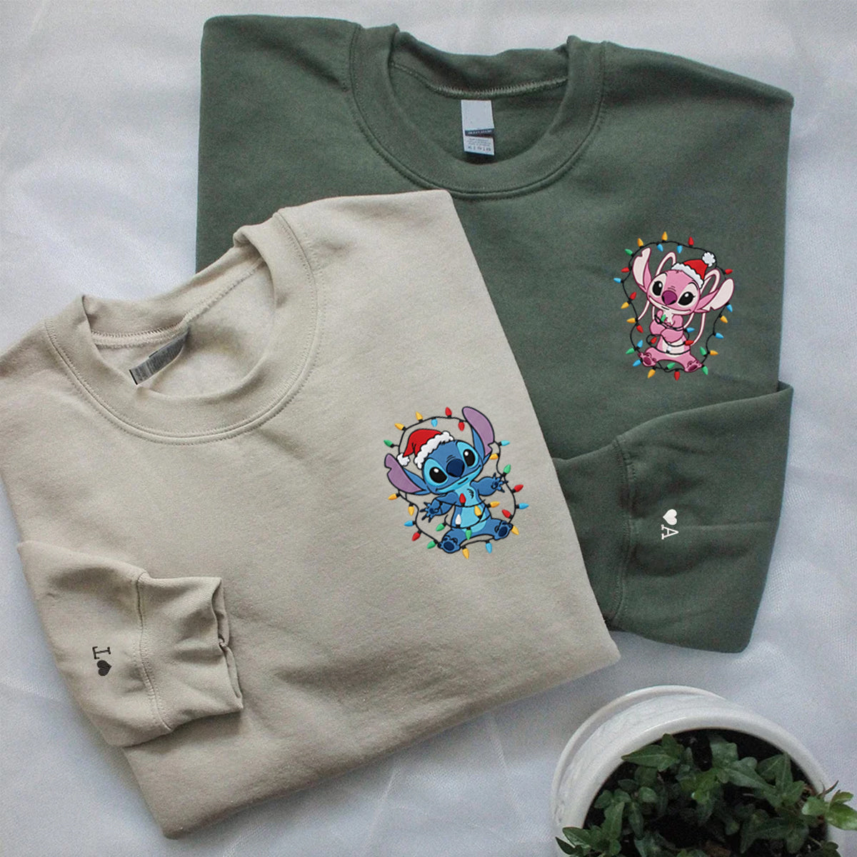 Custom Embroidered Adorable Alien Cartoon Duo Christmas Hoodie with Lights, Cozy Holiday Style Sweatshirt Matching for Couples