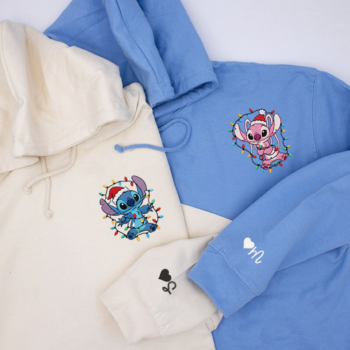 Custom Embroidered Adorable Alien Cartoon Duo Christmas Hoodie with Lights, Cozy Holiday Style Sweatshirt Matching for Couples