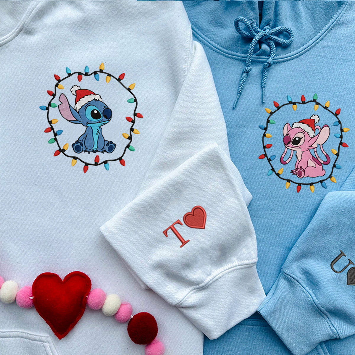 Custom Embroidered Adorable Alien Couple Christmas Sweatshirt, Cozy Holiday Lights Hoodie Matching for Couples