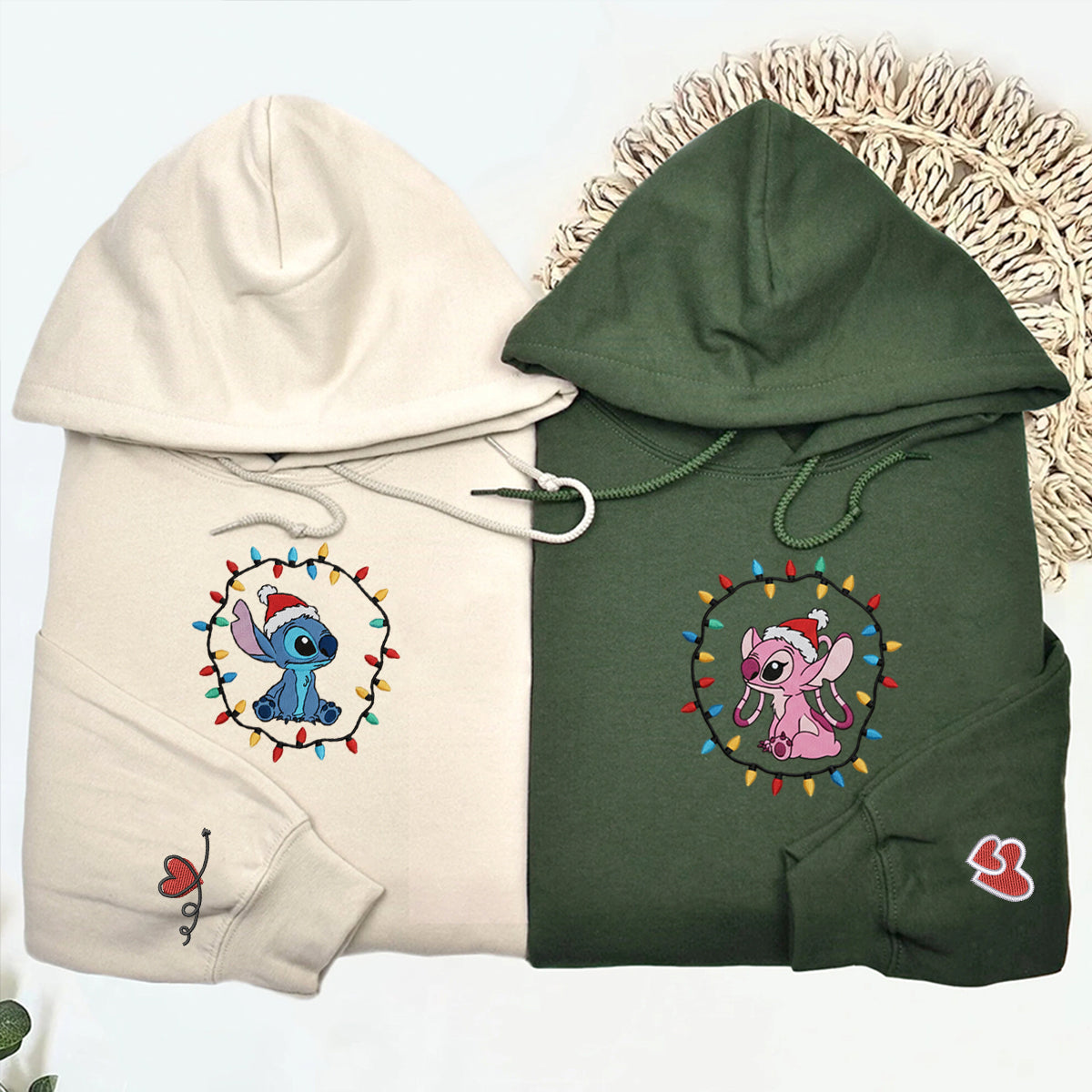 Custom Embroidered Adorable Alien Couple Christmas Sweatshirt, Cozy Holiday Lights Hoodie Matching for Couples