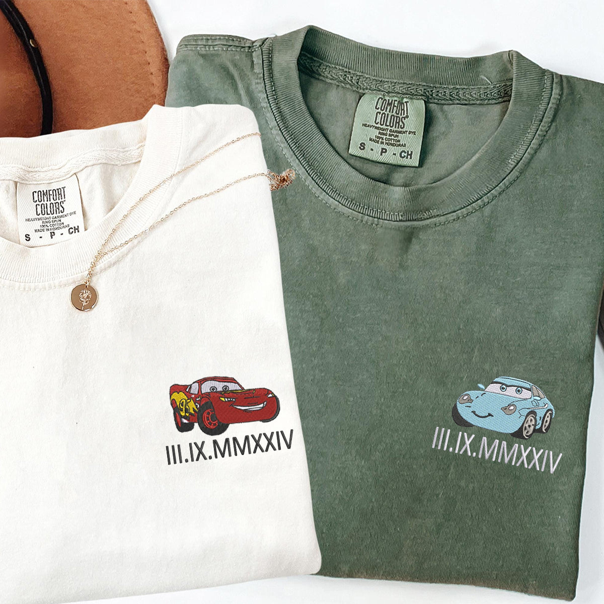 Custom Embroidered Anniversary Date Cars Queen x Sally Matching T-shirts for Couples