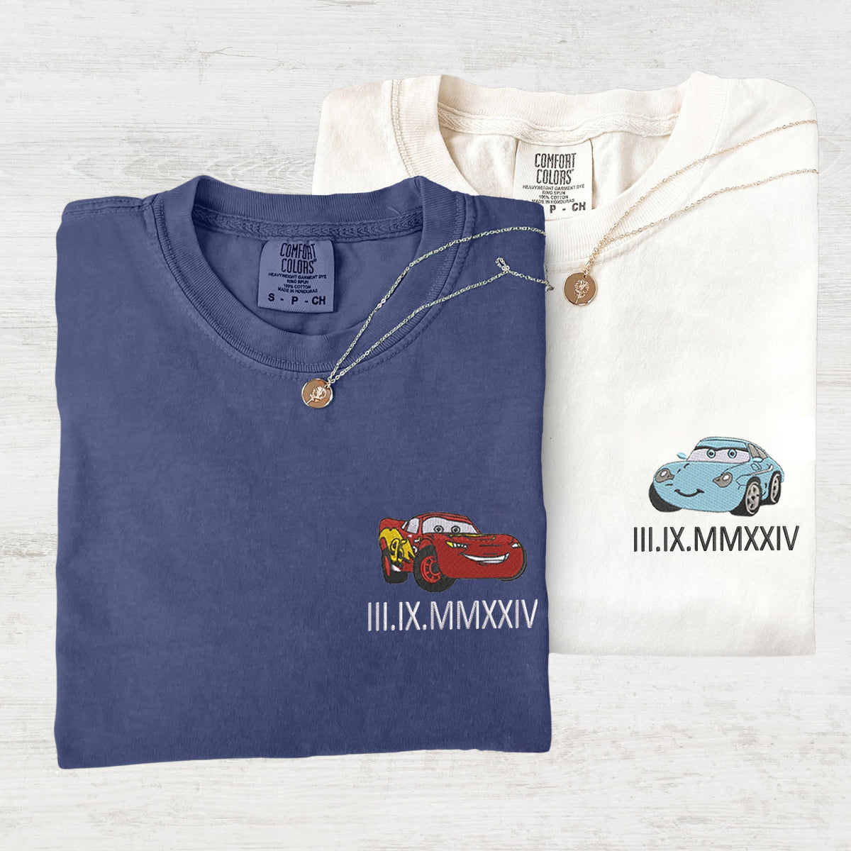 Custom Embroidered Anniversary Date Cartoon Car Couple Matching T-shirts