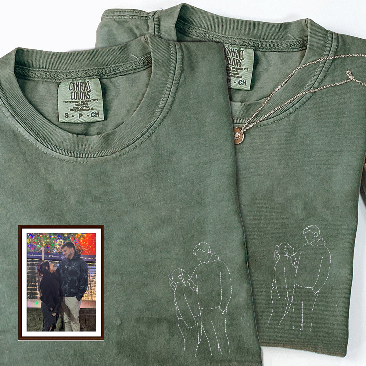 Custom Embroidered Anniversary Date Photo Outline Matching T-shirts for Couples