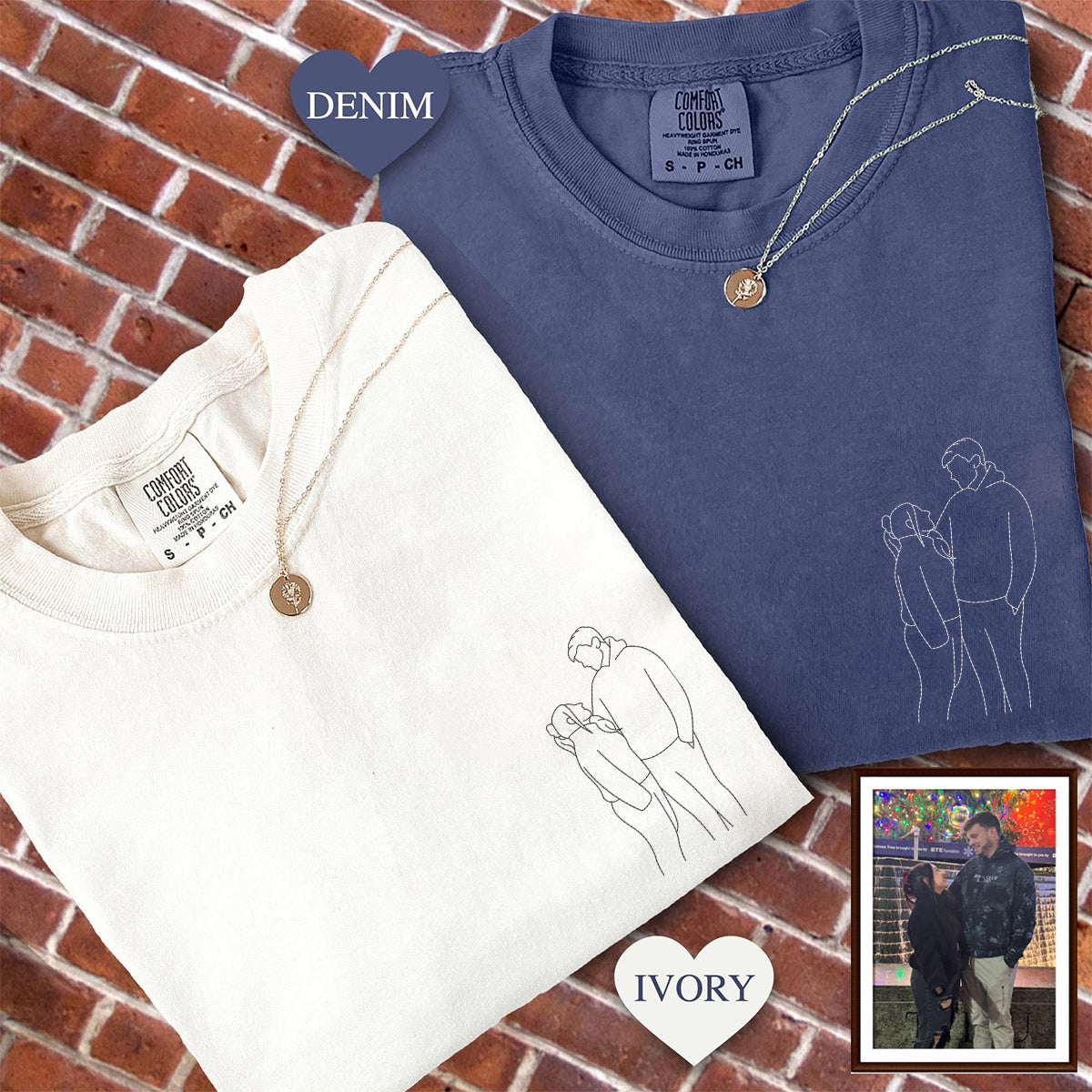 Custom Embroidered Anniversary Date Photo Outline Matching T-shirts for Couples