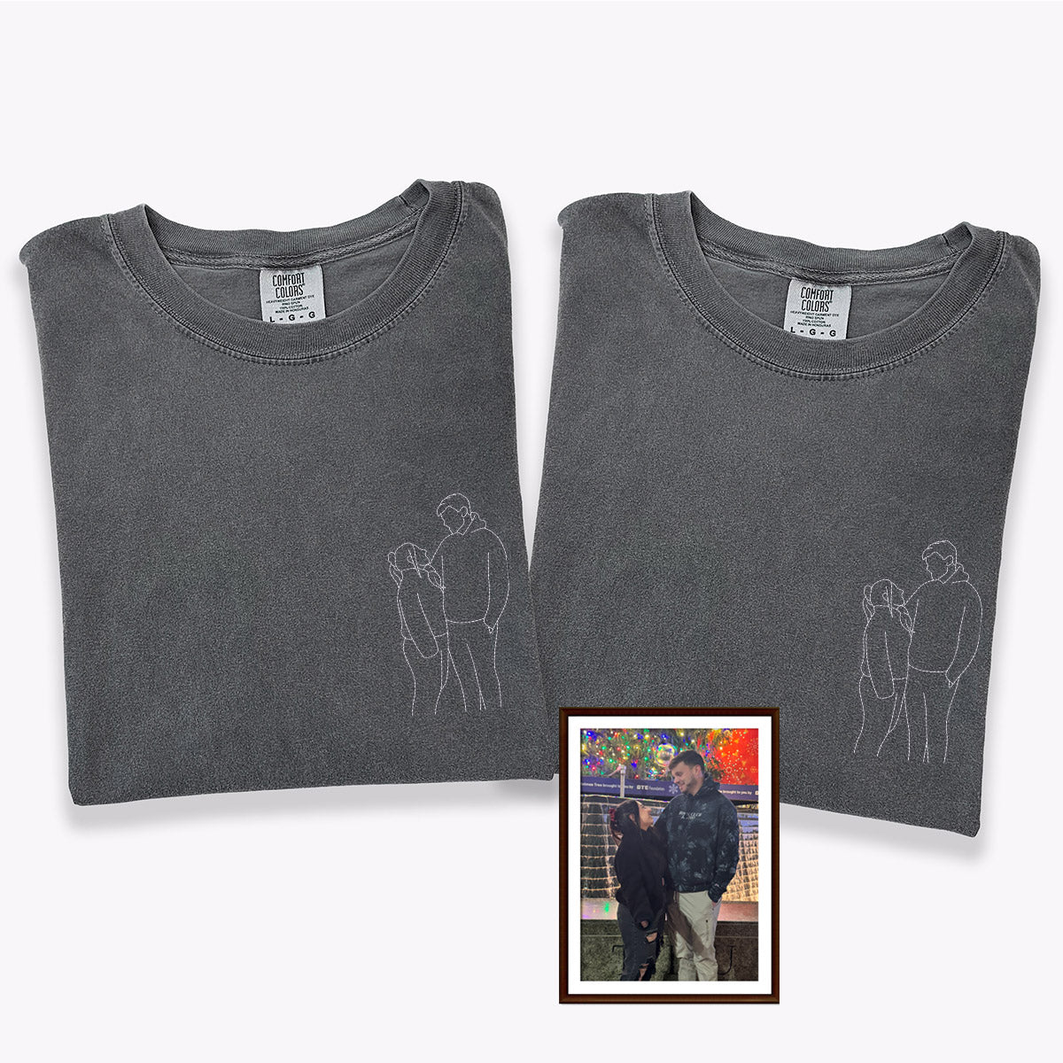 Custom Embroidered Anniversary Date Photo Outline Matching T-shirts for Couples