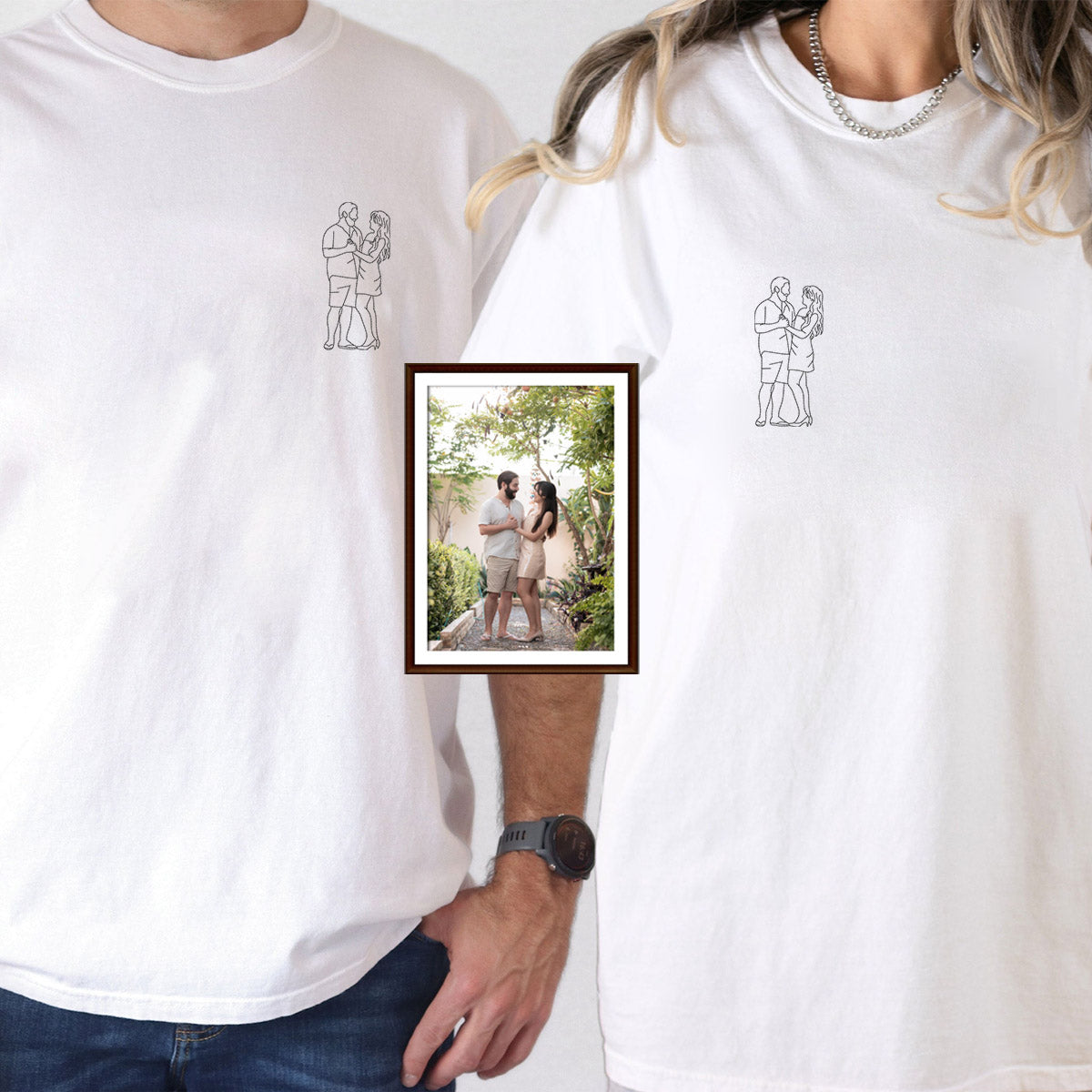 Custom Embroidered Anniversary Date Photo Outline Matching T-shirts for Couples