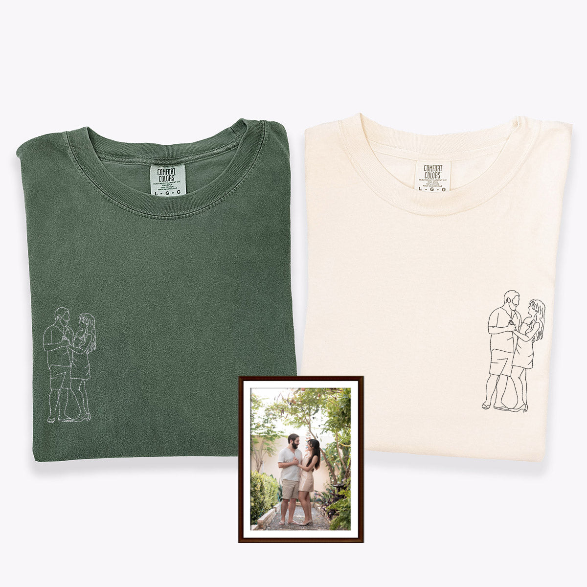 Custom Embroidered Anniversary Date Photo Outline Matching T-shirts for Couples