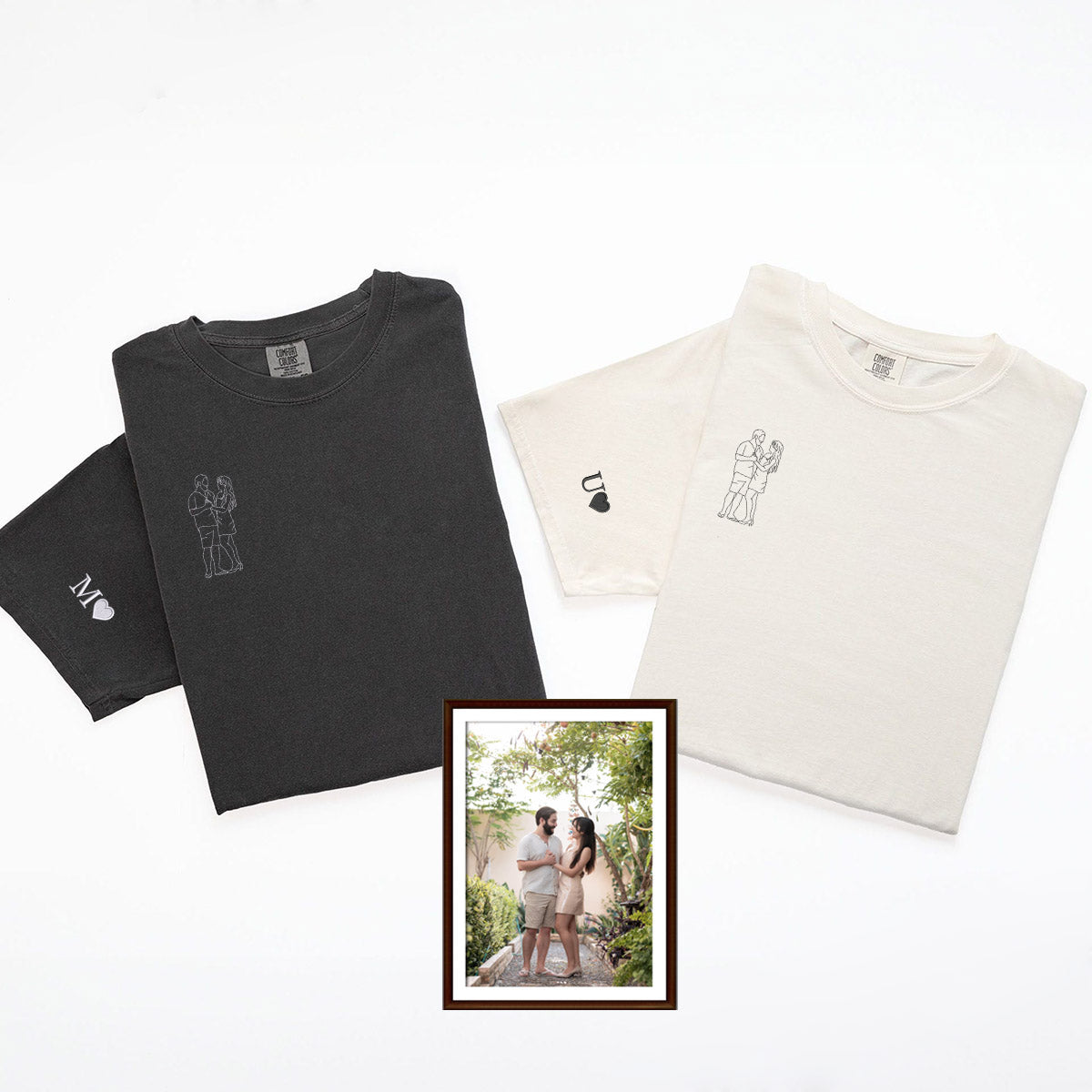 Custom Embroidered Anniversary Date Photo Outline Matching T-shirts for Couples