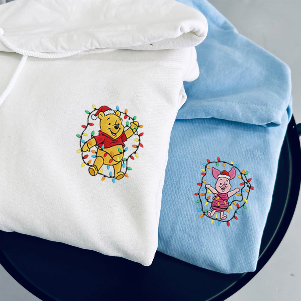 Custom Embroidered Cheerful Bear and Little Pig Christmas Hoodie, Cute Winter Season Matching for Couples