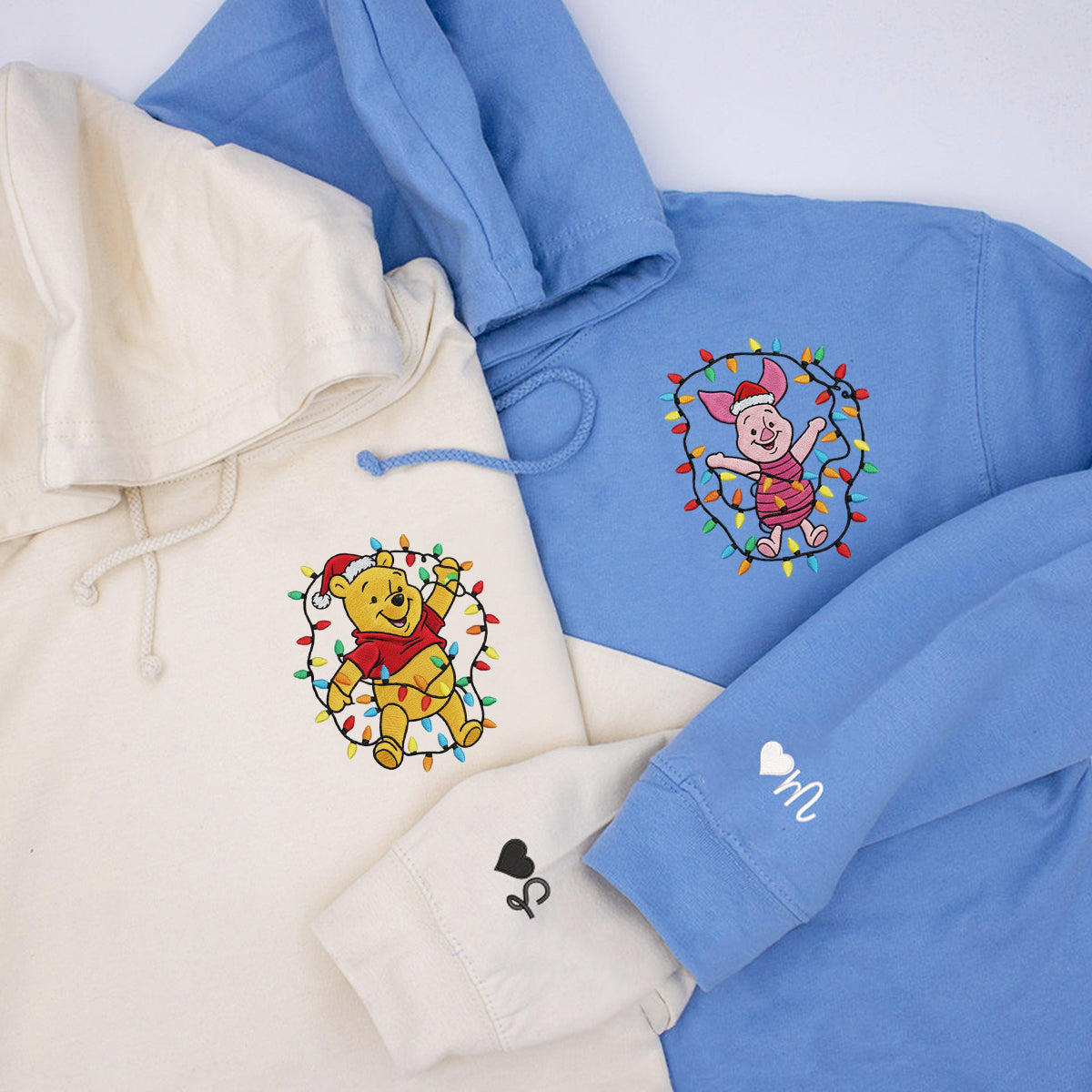 Custom Embroidered Cheerful Bear and Little Pig Christmas Hoodie, Cute Winter Season Matching for Couples