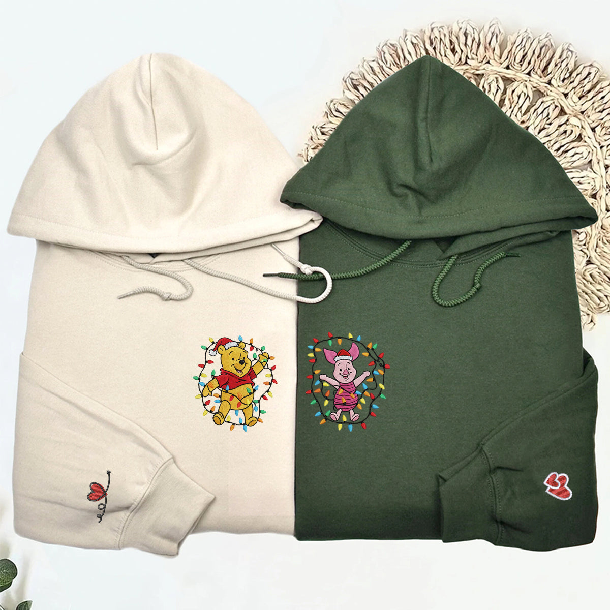 Custom Embroidered Cheerful Bear and Little Pig Christmas Hoodie, Cute Winter Season Matching for Couples