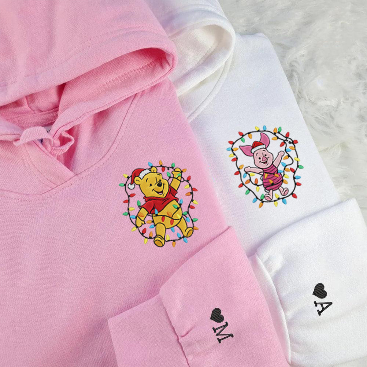 Custom Embroidered Cheerful Bear and Little Pig Christmas Hoodie, Cute Winter Season Matching for Couples