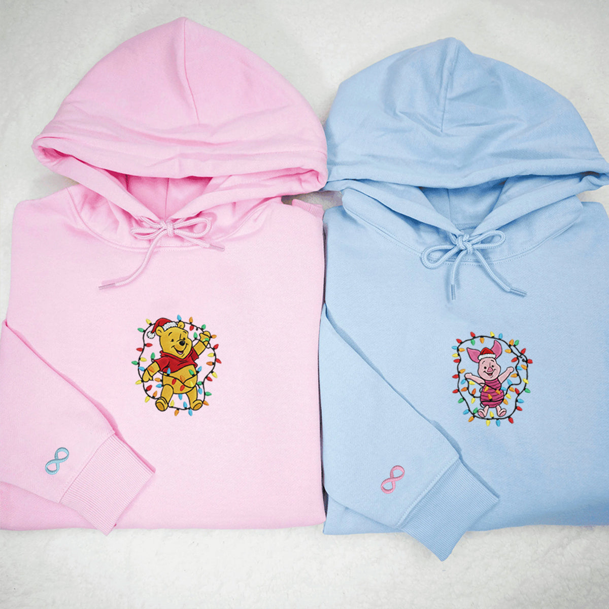 Custom Embroidered Cheerful Bear and Little Pig Christmas Hoodie, Cute Winter Season Matching for Couples