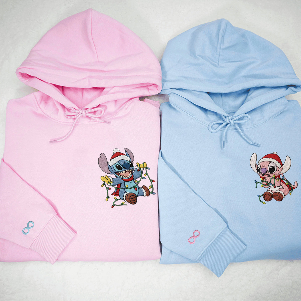Custom Embroidered Blue Alien and Pink Alien Cartoon Christmas Lights Sweatshirt, Cozy Holiday Hoodie Matching for Couples