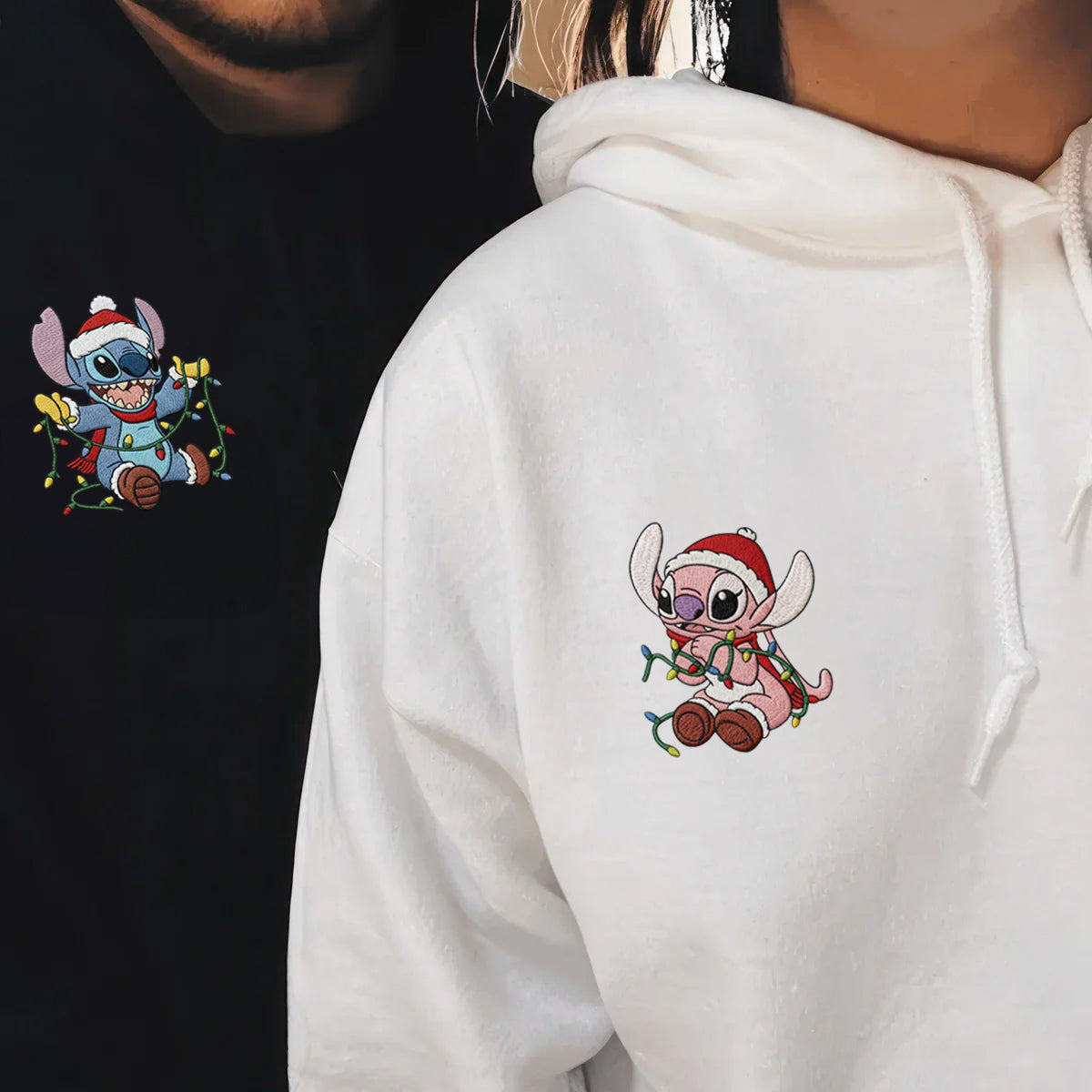 Custom Embroidered Blue Alien and Pink Alien Cartoon Christmas Lights Sweatshirt, Cozy Holiday Hoodie Matching for Couples