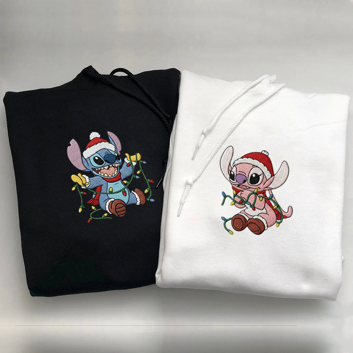 Custom Embroidered Blue Alien and Pink Alien Cartoon Christmas Lights Sweatshirt, Cozy Holiday Hoodie Matching for Couples