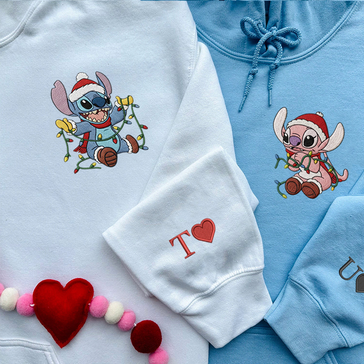 Custom Embroidered Blue Alien and Pink Alien Cartoon Christmas Lights Sweatshirt, Cozy Holiday Hoodie Matching for Couples