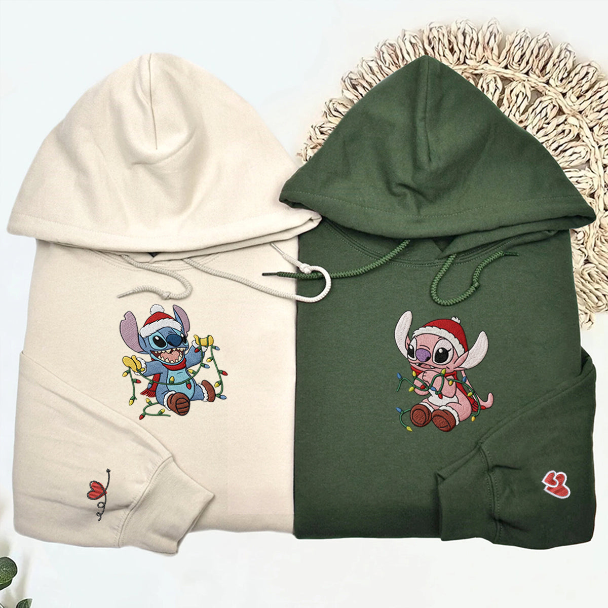 Custom Embroidered Blue Alien and Pink Alien Cartoon Christmas Lights Sweatshirt, Cozy Holiday Hoodie Matching for Couples