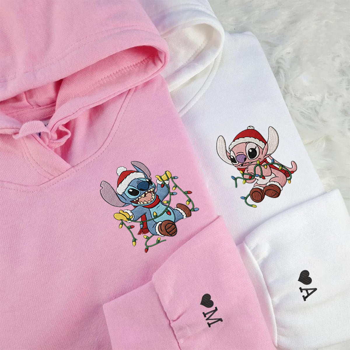 Custom Embroidered Blue Alien and Pink Alien Cartoon Christmas Lights Sweatshirt, Cozy Holiday Hoodie Matching for Couples
